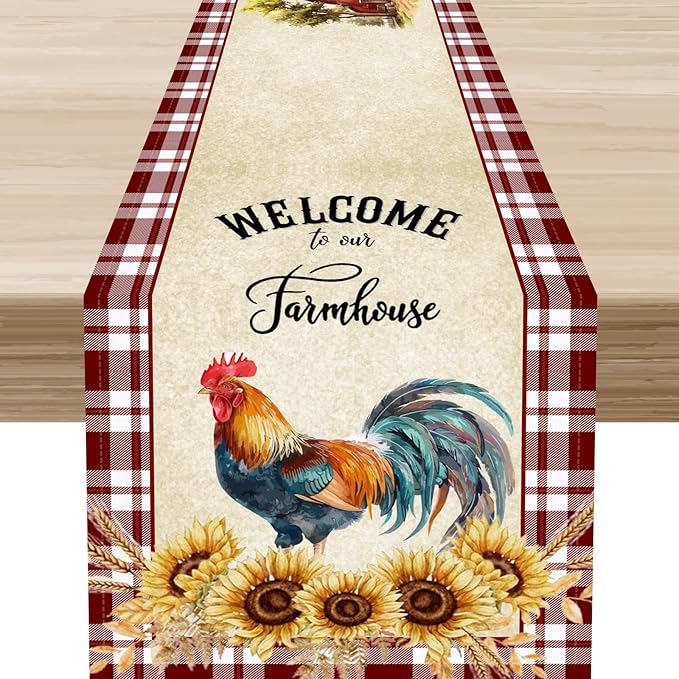 Rooster Table Runner, Farmhouse Red Plaid Sunflower Floral Chicken Farm Cow Pig Rustic Coffee Table Center Decor for Family Kitchen and Dining Room Outdoor Country Party Table Decorations, 13"x36"