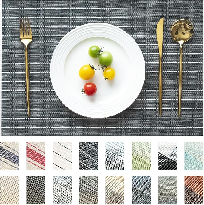 Placemats Set of 12 Vinyl/Plastic Woven Place Mats for Kitchen Table Indoor/Outdoor Washable Placemat Wipeable Dining Table Mats (Black Stripes,12)