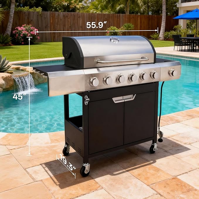 Endark Upgraded 68,500 BTU 6-Burner Propane Gas Grill with Side Burner | Stainless Steel Outdoor BBQ Grill with Porcelain Grates & Wheels for Patio, Garden, Backyard