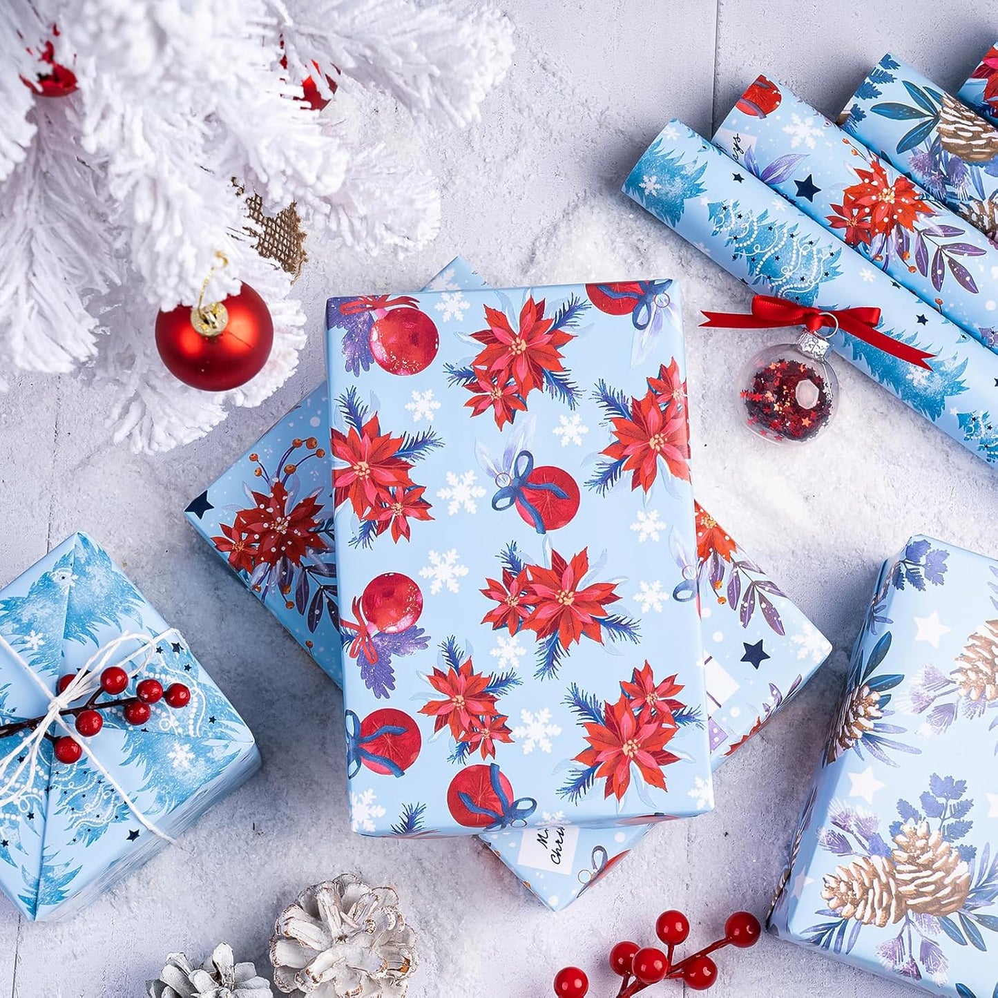 WRAPAHOLIC 30 Inch Christmas Wrapping Paper Roll - Jumbo Roll Red and Blue Snow Globe, Pinecone, Poinsettia, Christmas Tree Wrapping Paper - 4 Rolls - 30 Inch x 120 Inch Per Roll