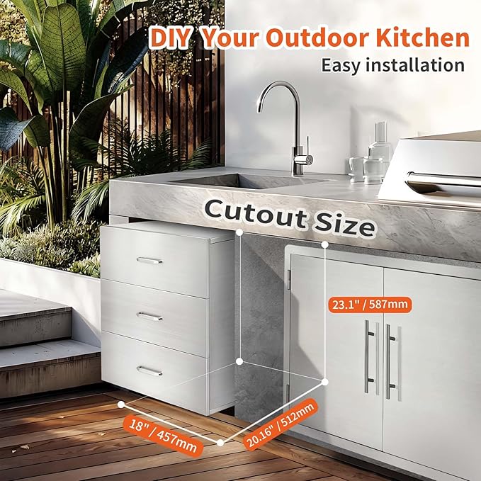 JIEJIN Outdoor Kitchen Drawers Stainless Steel Triple BBQ Island Drawer Flush Mount Outdoor Kitchen Cabinets with Handles with Wheels for Outdoor Kitchens or BBQ Island Patio Grill Station, Silver