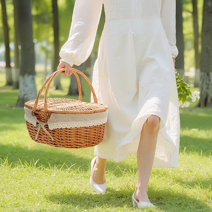GRANNY SAYS Wicker Picnic Basket for 2 with Handles, Woven Cute Boo Basket with Washable Liner & Dual-Flip Lid, Vintage Large Picnic Baskets for Camping, Outdoor, Easter, Gift, Costume, Flower Liner