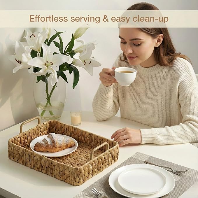 Set of 2 Rectangular Wicker Trays with Handles - Decorative Trays for Coffee Table, Ottoman, Dining Room, Living Room (Natural)