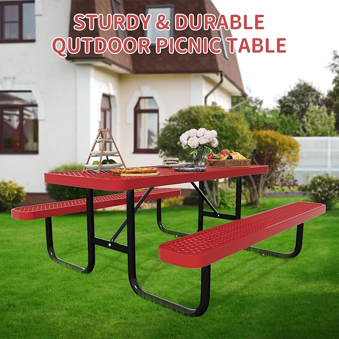 6FT Picnic Tables for Outdoors, Rectangular Commercial Metal Picnic Table Bench Set with Umbrella Hole,Heavy Duty Steel Weather-Resistant Dining Table for Patio Dining Garden Backyard BBQ School