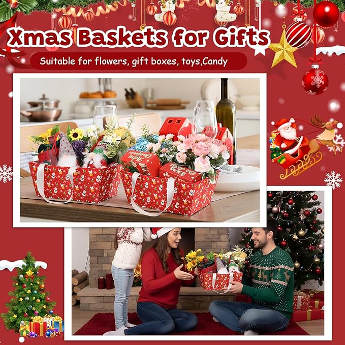Pinkunn 48 Pcs Basket for Gifts Empty DIY Bulk Party Gift Basket Kit with Handles Market Trays for Packages Wrapping Wedding Party Anniversary Display(Red,Christmas)