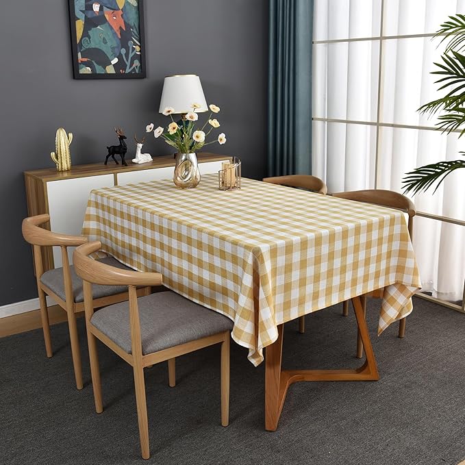 Gingham Table Cloth for Square Tables Yellow Checkered Plaid Tablecloth Heavy Duty Cotton Blend Washable & Wrinkle Table Cover for Outdoor Kitchen Dining Picnic Camping (52x52 Inch)