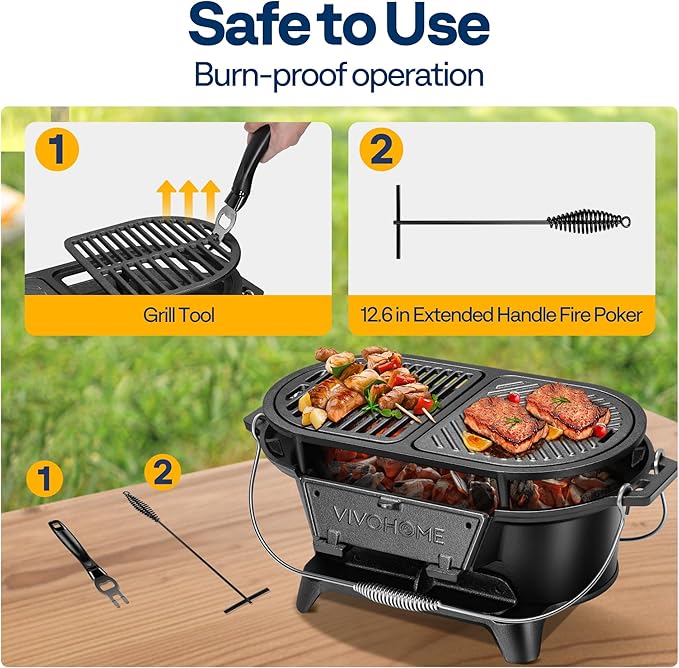 VIVOHOME Oval Cast Iron Grill with Interchangeable Grates & Griddle, 2 Furnace Doors for Heat Control, Includes Gloves, Poker and UV-Resistant Cover