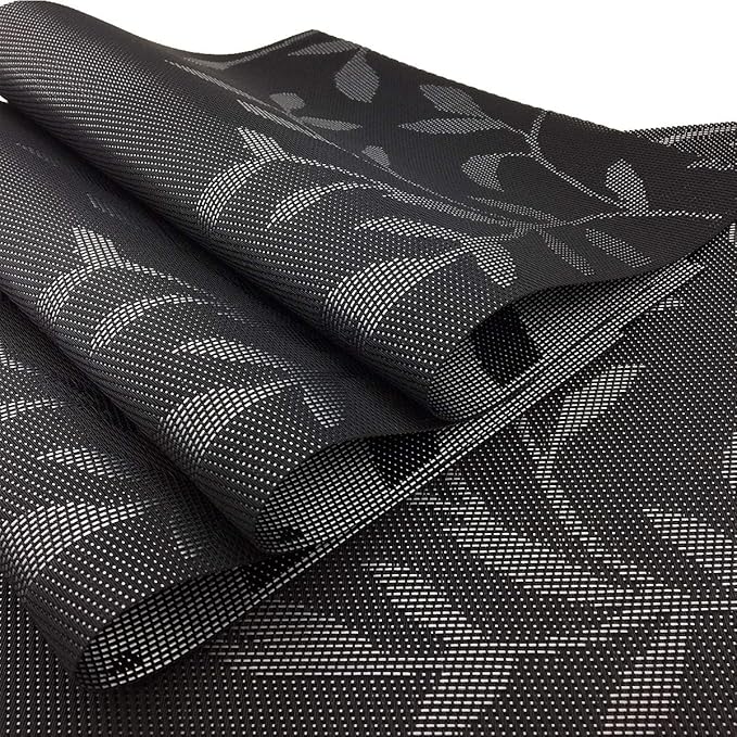 Gugrida Place Mats PVC Set of 6, Table Placemats Set of 6 PVC Woven Vinyl Place Mats Table Mats Natural Color (6 pcs, Black Leaves)
