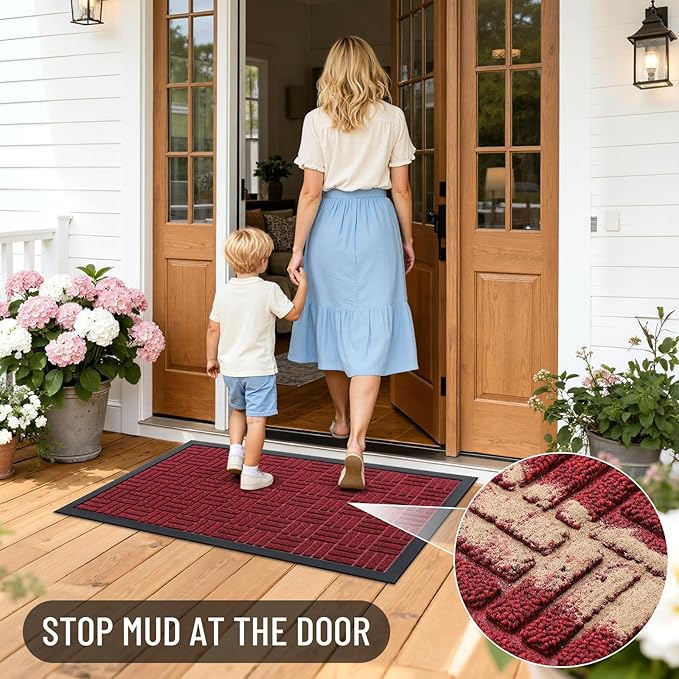 OLANLY Front Door Mat Outside Entrance 59x23, Absorbent, Heavy Duty Sturdy Natural Rubber Doormat Indoor Outdoor, Non-Slip, Stain and Fade Resistant, Low Profile Floor Mat for Entryway, Black Red
