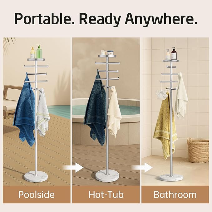 KES Hot Tub Towel Rack Outdoor with Natural Marble Extra Weight Base, 8 Arms 360° Adjustable 59in Outdoor Towel Rack for Pool with Storage Tray, 18/8 Stainless Steel, Brushed Finish, OTR204-2