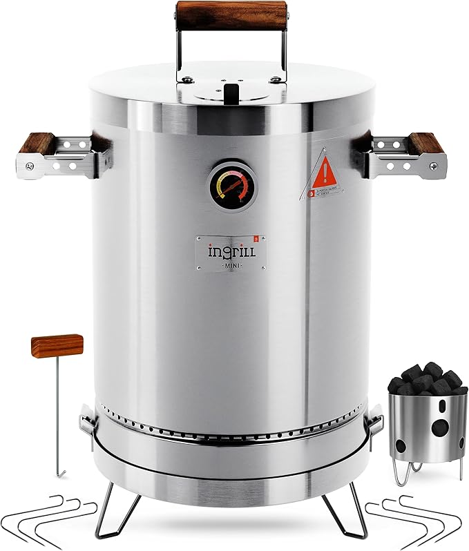 Charcoal Grills - Basic Mini 6 lbs - 3-in-1 Stainless Steel Ultra-Portable Charcoal Smoker for Outdoors, Camping and Home BBQ - Vertical Smoker Barrel Grill with Thermometer & Accessories