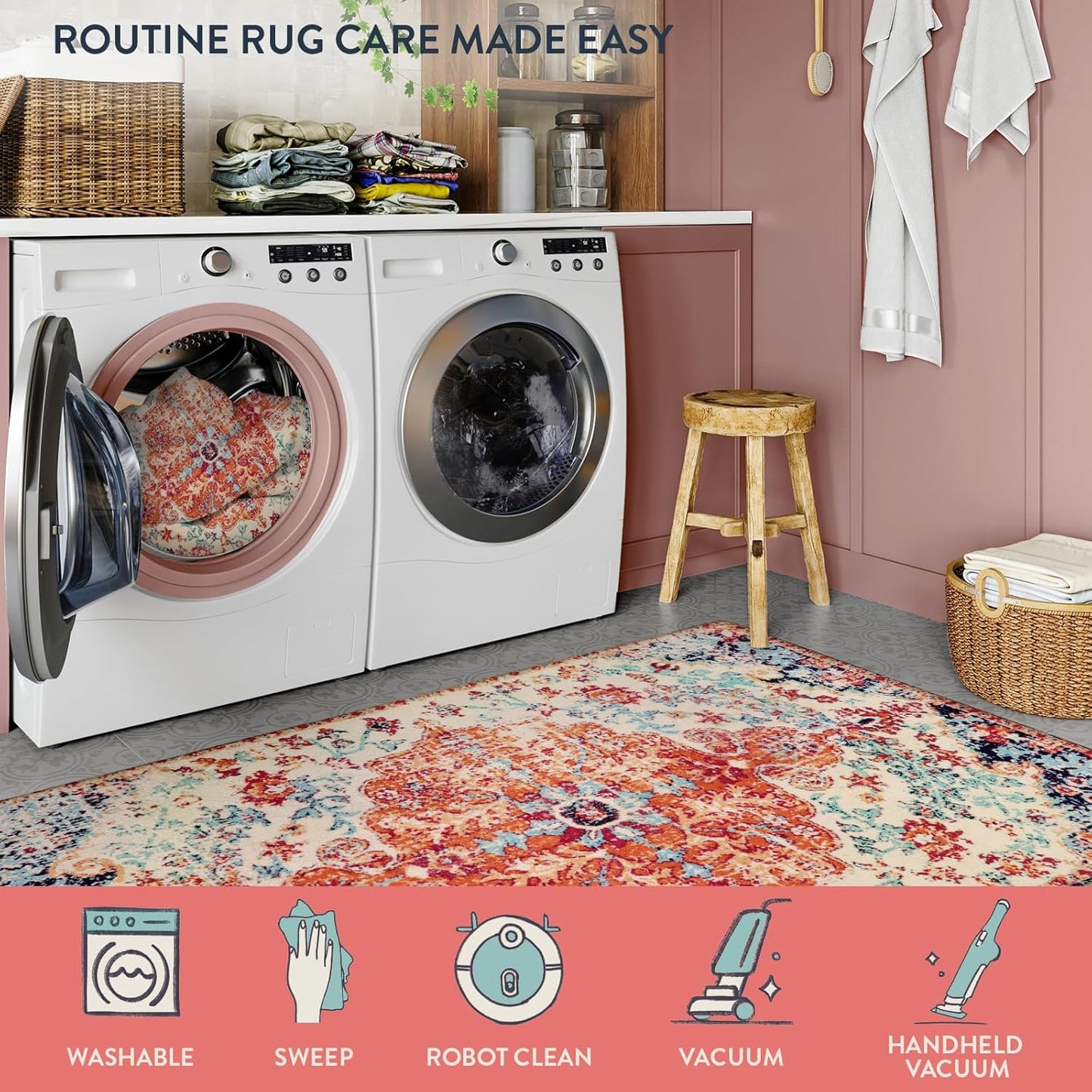 Lahome Bohemian Floral Medallion Runner Rug - 2x4 Washable Laundry Room Hallyway Runner Rug Doormat,Oriental Distressed Faux Wool Non-Slip Bath Mat Low-Pile Carpet for Kitchen Bathroom Entryway,Orange