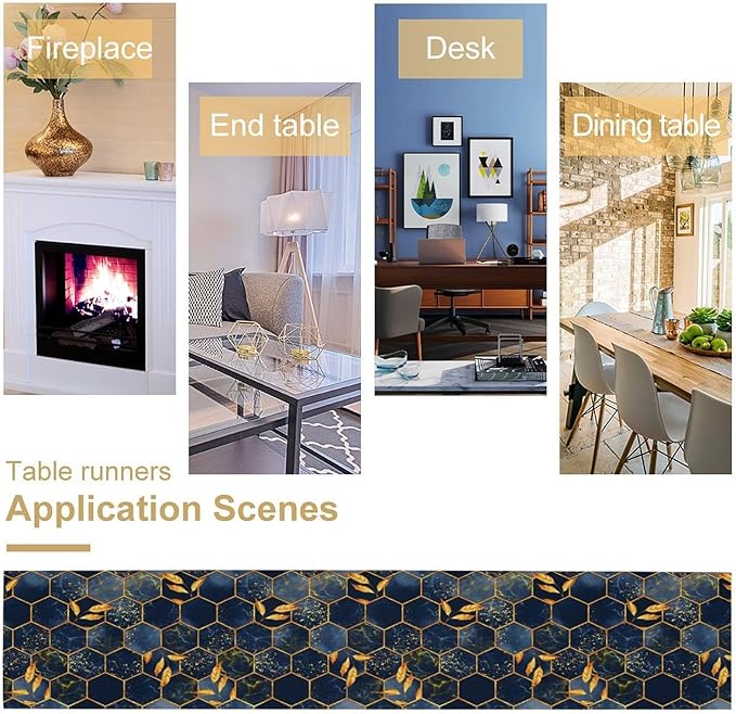 Marble Table Runner, Dark Blue Gold Modern Marble Leaf Aesthetic Geometric Table Runner for Indoor Home Living Room Party Dining Kitchen 13x108in