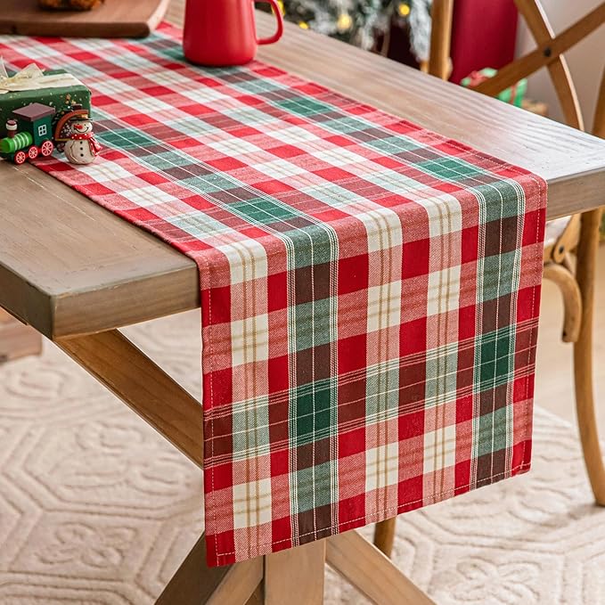 Red Gold Plaid Christmas Table Runner, Winter Holiday Table Runners 90 inches Long, Xmas Decorations Indoor Outdoor Farmhouse Home Kitchen Dining Party Decor