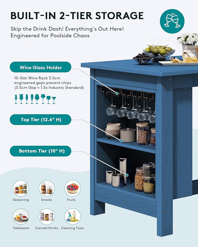 SERWALL Outdoor Bar Table, All Weather HDPE 36" Counter Height Dining Table with Storage and Wine Rack for Patio, Garden, Backyard, Balcony, Poolside, Blue