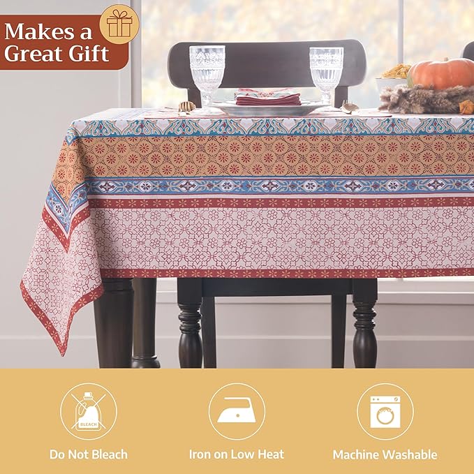 Maison d' Hermine Table Cloth Rectangle Table 100% Cotton 70 x 90 Inches Fall Tablecloth Reusable Everyday Use for Thanksgiving Christmas Decorations Dining Farmhouse Party (Romane)