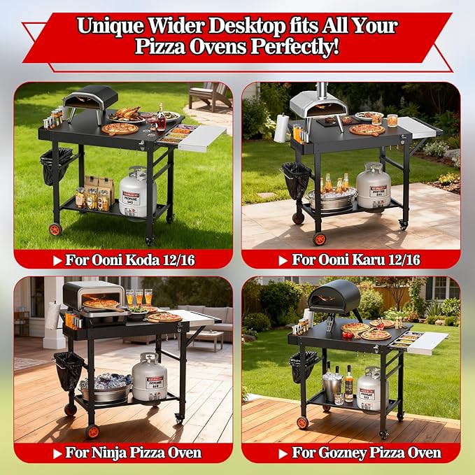 Grill Table for Oon Pizza Oven Accessories, Ninja Pizza Oven Table with Extendable Desk - Fit Gozney, Solo Stove, Durable Outdoor Grill Cart Stand with Food Prep Topping Station for Backyard