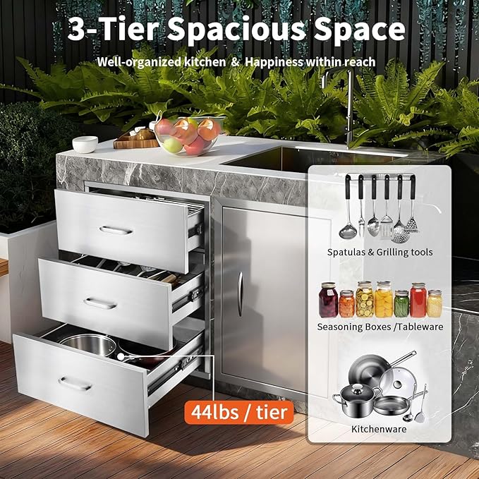 JIEJIN Outdoor Kitchen Drawers Stainless Steel Triple BBQ Island Drawer Flush Mount Outdoor Kitchen Cabinets with Handles with Wheels for Outdoor Kitchens or BBQ Island Patio Grill Station, Silver
