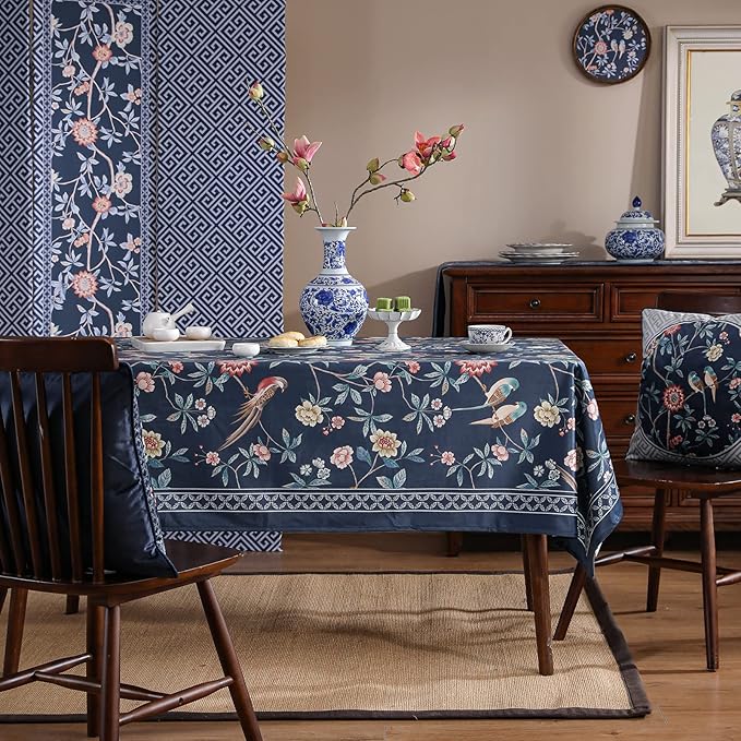 patdrea Designer Dark Blue Linen Rectangular Tablecloth,Vintage Navy French Floral and Birds Pattern Table Cloth,Decoration Table Cover for Kitchen,Dining,Tea Party,Home,Christmas,67"*118"