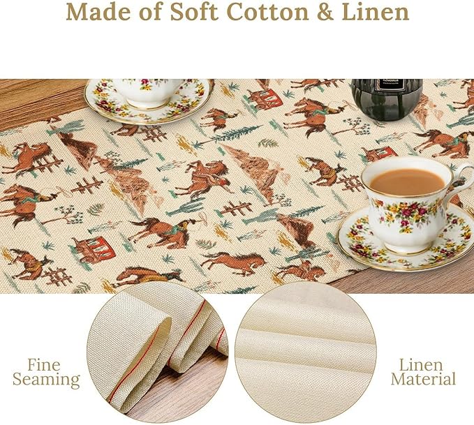 Western Cowboy Table Runner, Rustic Country Cowboy Riding Horse Desert Table Runner for Home Kitchen Dining Patio Indoor Farmhouse Coffee Outdoor 13x90in