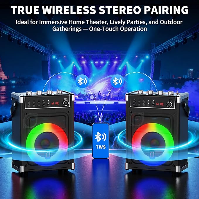 JYX Karaoke Machine with 2 Wireless Microphones, Portable Bass/Treble Bluetooth Speaker with LED Light, Support TWS, AUX in, FM, REC PA System with Remote Control, Supply for Party/Adults/Kids