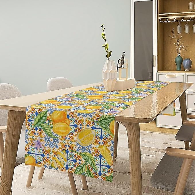 Lemon Tiles Table Runner, Blue Yellow Kitchen Summer Flower Table Runner for Home Kitchen Indoor Outdoor Patio Party 13x36in