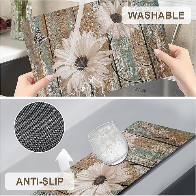 White Sunflower Placemats set of 4 - Floral Faux Leather Heat Resistant Placemats for Dinner Table, Non-Slip Waterproof Oil-Proof Washable Reusable Placemat for Indoor Outdoor Kitchen, 15.75In*11.81In