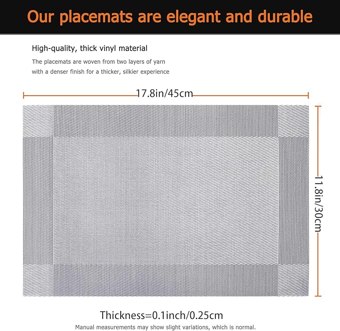 Placemats Set of 8 Washable&Wipeable Silver Place mats for Dining Table Kitchen Indoor Outdoor Table Mats Heat Resistant Non Slip Woven Vinyl Table Placemats (Grey，8PCS)