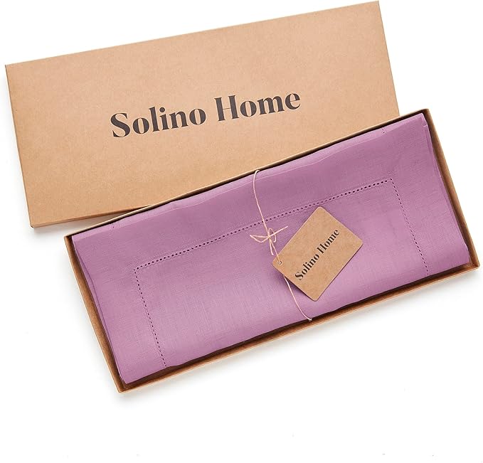 Solino Home Linen Table Runner 120 Inches Long - Classic Hemstitch 100% Pure Linen Violet Dining Table Runner 14 x 120 Inch for Valentines, Spring, Easter