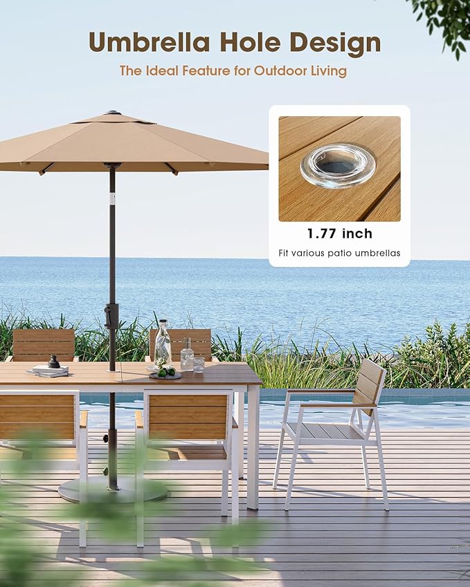 Outdoor Patio Dining Set, Aluminum & HDPS 5 Piece Outdoor Table and Chairs Set with Umbrella Hole, Modren Rectangular Patio Furniture Set with All-Weather Table and 4 Chairs (White & Teak)