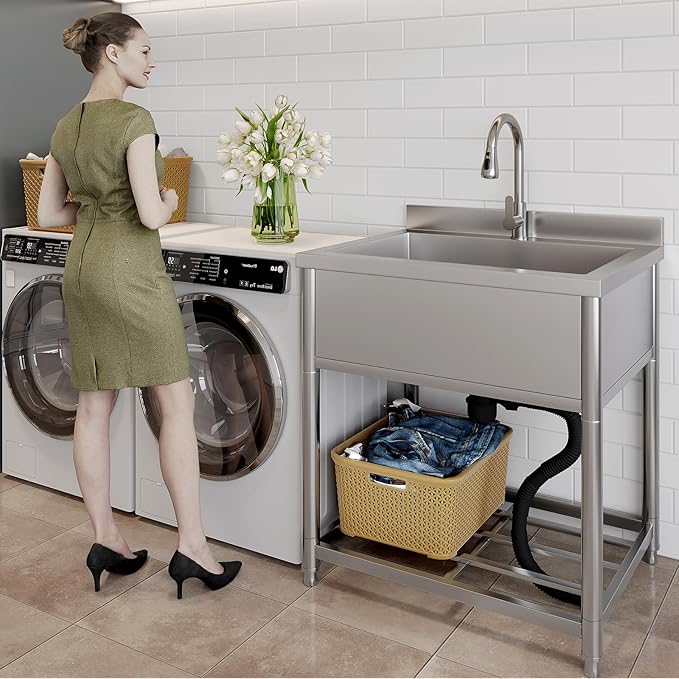 Stainless Steel Utility Sink, Large Freestanding Kitchen Sink with Pull-out Faucet for Commercial Restaurant, Bathroom, Laundry Room, Garage, Outdoor/Indoor, Pet Cleaning, D21.65 x W27.55 x H36.61 in