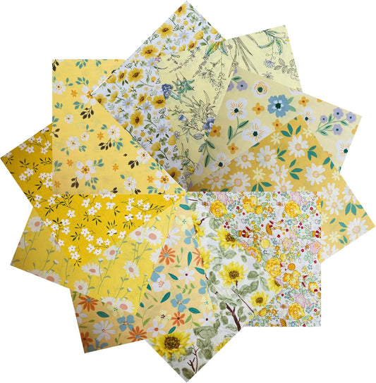 HANPATQUI 50PCS 10 x 10 inch Yellow Printed 100% Cotton Fat Quarters Fabric for Sewing and Quilting Bundles Precut Fabric Square for DIY Craft Patchwork