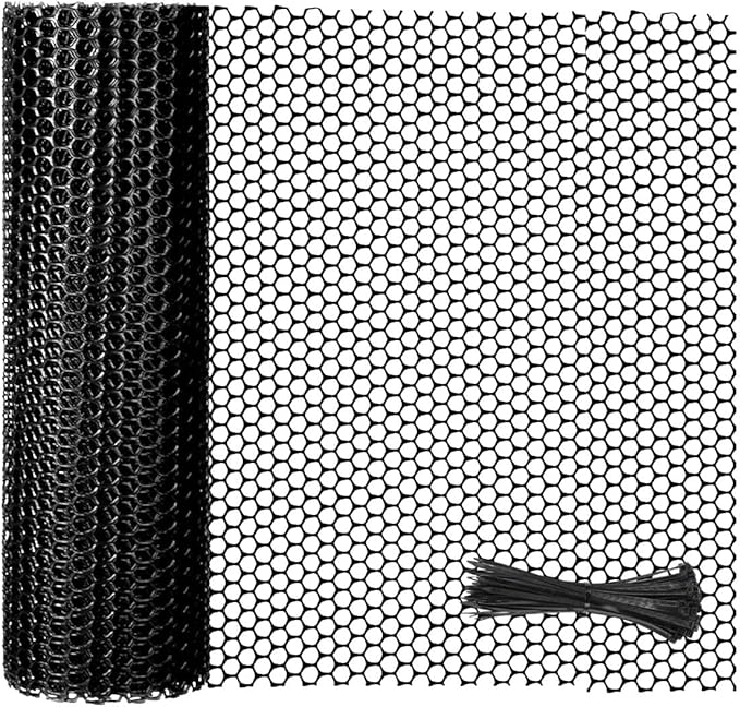 Plastic Chicken Wire Mesh Fence Roll with Zip Ties,15.7inx16.4ft Black,Chicken Wire Fencing,Garden Fence Animal Barrier for Dogs, Cats & Poultry,Easy Install