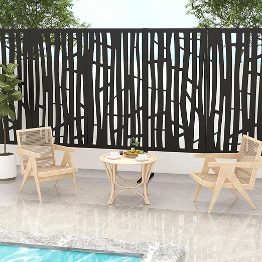Casaphoria Metal Privacy Screen Outdoor, 72" H x 47" W Freestanding Decorative Privacy Screen for Patio Deck Balcony Garden with Stable Base, Black-Jungle