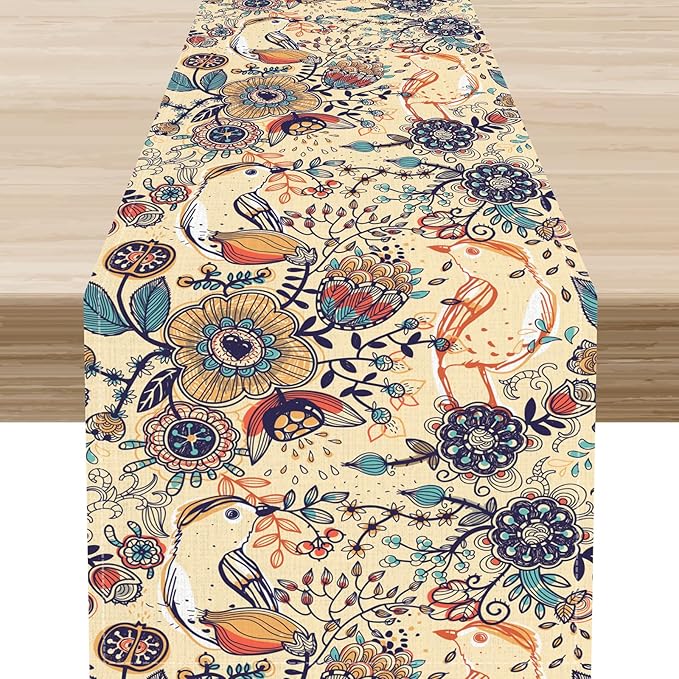 Beige Paisley Table Runner, Rustic Damask Antique Floral Flower Retro Boho Swirled Pattern Print Vintage Table Center Decor for Family Kitchen and Living Room Indoor Table Decorations, 13" X 72"