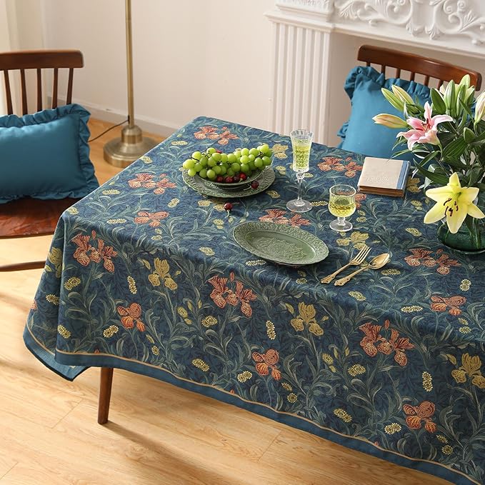 patdrea Designer Vintage Dark Blue Linen Rectangle Tablecloth,French Rustic Floral Pattern Tablecloths,Decorative Table Cover Cloth for Kitchen,Dining,Tea Party,Home,Christmas,63"*94"