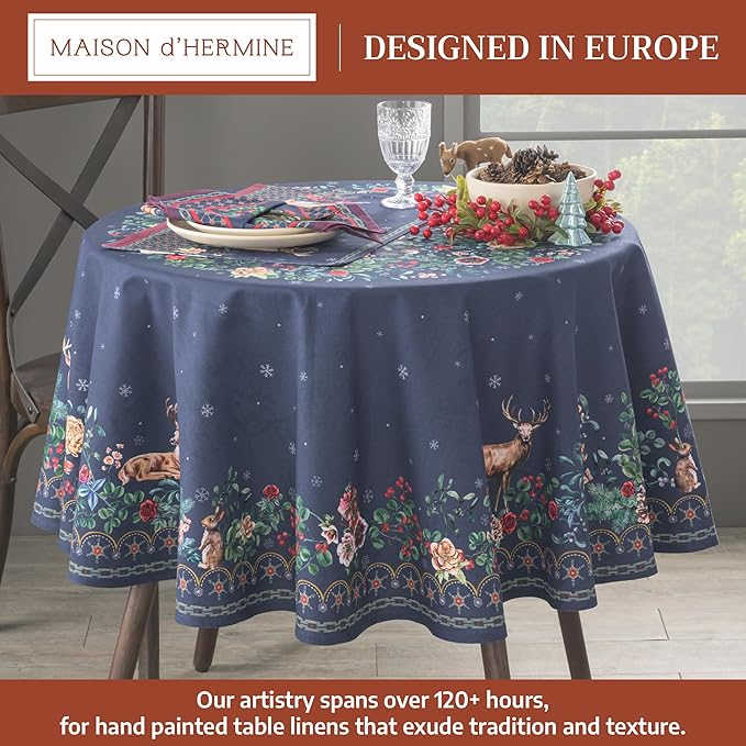 Maison d' Hermine Table Cloth Round Table 100% Cotton 63 Inches Fall Tablecloth Reusable Everyday Use for Thanksgiving Christmas Decorations Dining Farmhouse Party (Christmas Joy)