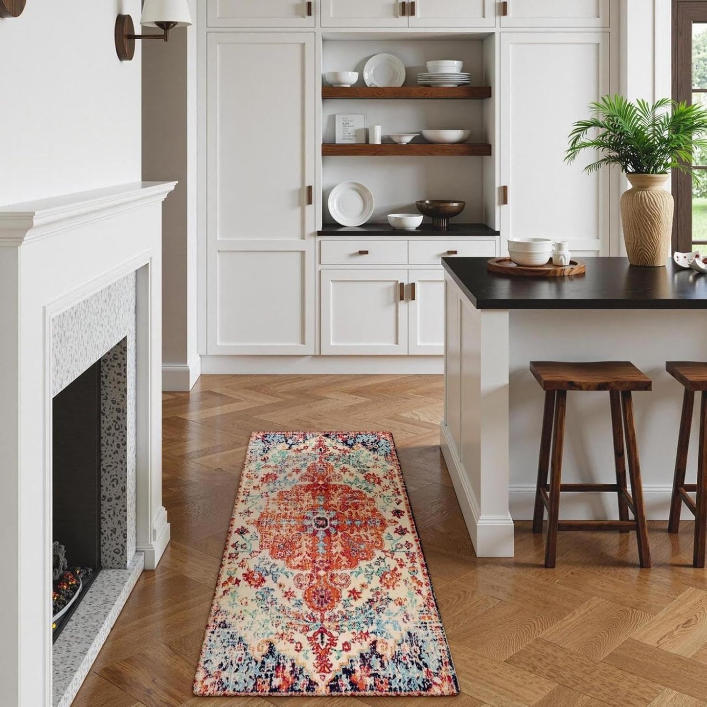 Lahome Bohemian Floral Medallion Runner Rug - 2x4 Washable Laundry Room Hallyway Runner Rug Doormat,Oriental Distressed Faux Wool Non-Slip Bath Mat Low-Pile Carpet for Kitchen Bathroom Entryway,Orange