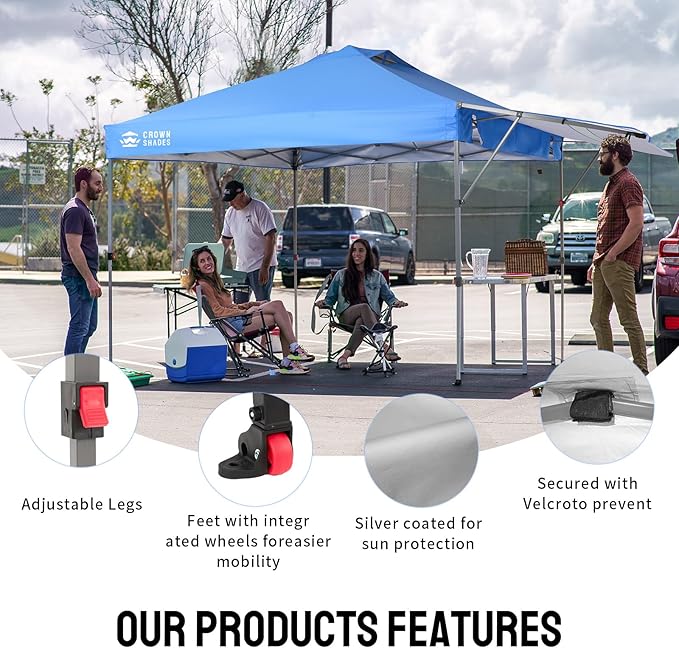 CROWN SHADES 10x10 Pop up Canopy Tent, Instant Commercial Canopy with Extend Awning, Patended Centerlock, 150D Silver Coated Fabric, 4 Ropes, 8 Stakes, 4 Weight Bags, STO 'N Go Bag, Blue