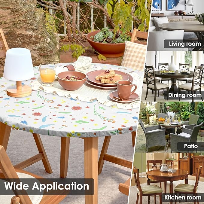 2 Pcs Round Picnic Tablecloth, Waterproof Elastic Fitted Table Covers, Elastic Edge Table Cover Indoor Outdoor Round Fits 43"-55" Round Table Cloth, Oilproof Wipeable Protector for Camping (Flower)
