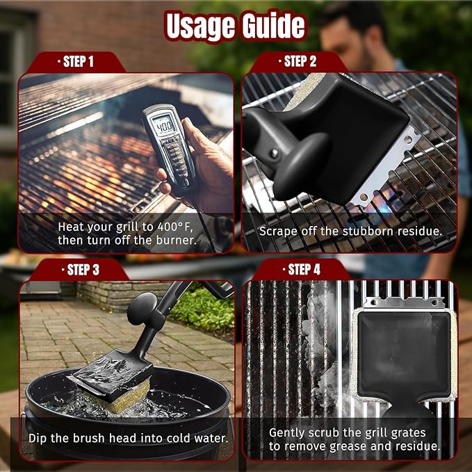 SHINESTAR Steam Grill Brush Bristle Free - Replaceable Cleaning Head with Unique Seamless-Fit Scraper, Durable Safe BBQ Cleaner for Cast Iron, Stainless-Steel & Various Grill Grate Types-Black