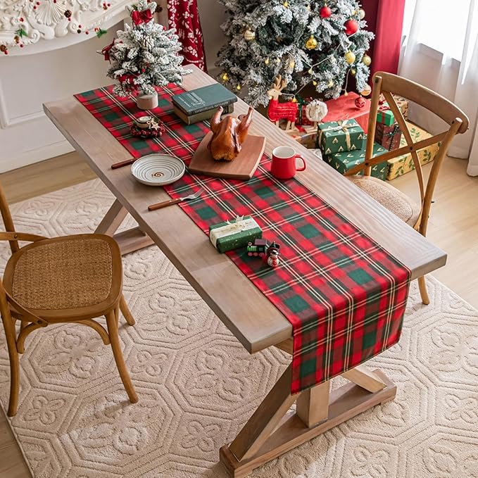 Red Green Gold Plaid Christmas Table Runner, Winter Holiday Table Runners 72 inches Long Xmas Decorations Indoor Outdoor Farmhouse Home Kitchen Dining Party Decor