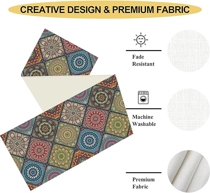 Bohemian Mandala Table Runner, Vintage Colorful Boho Geometric Floral Flower Antique Paisley Rustic Coffee Table Center Decor for Family Kitchen and Living Room Outdoor Table Decorations, 13"x108"