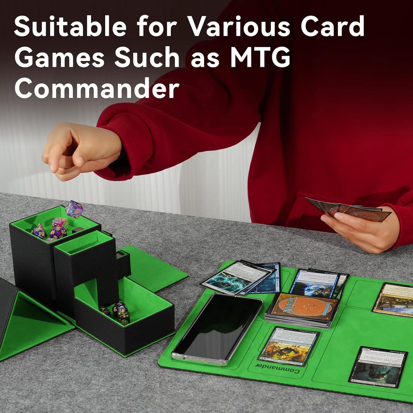 Dice Tower & Tray Storage Box, 3 in 1 Dice Holder Case (Rolling Tower Dice Storage Drawers, Rolling Tray), Leather Magnetic Closure DND Accessories Gifts for RPG MTG, Black/Green