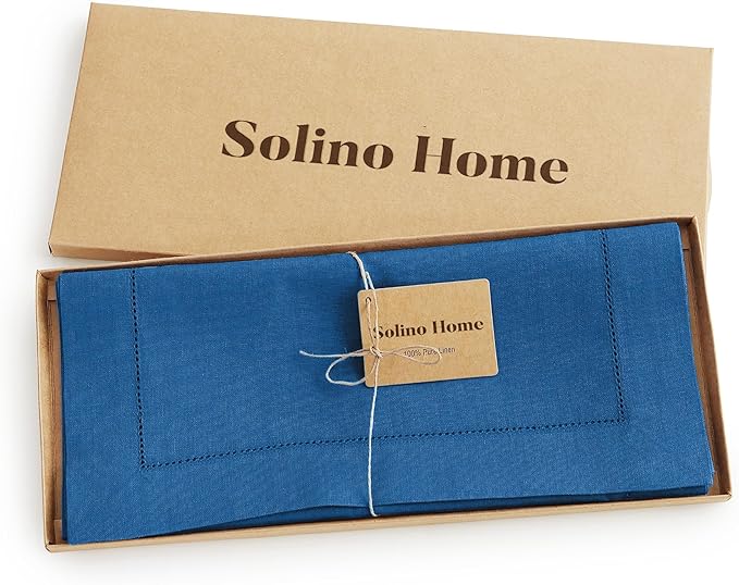 Solino Home Linen Indigo Blue Table Runner 144 Inches Long - 100% Pure Linen Extra Long Table Runner 14 x 144 Inch for Winter, Spring, Easter - Classic Hemstitch