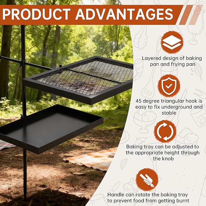 ABSCONDO Height-Adjustable Campfire Grill grate, Swivel Fire Pit Grilling Grate, Heavy Duty Portable Over Fire Cooking Grate with Handbag for Outdoor Camping Hiking Backpacking and Family Gatherings