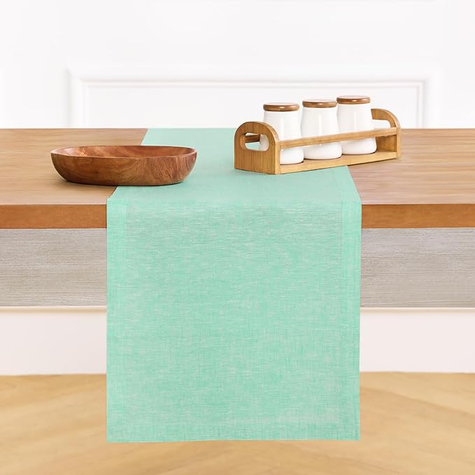 Solino Home Linen Table Runner 48 Inches - 100% Pure Linen Chambray Aqua Table Runner 14 x 48 Inch Ideal for Dresser and Coffee Tables - Athena, Winter, Spring, Easter