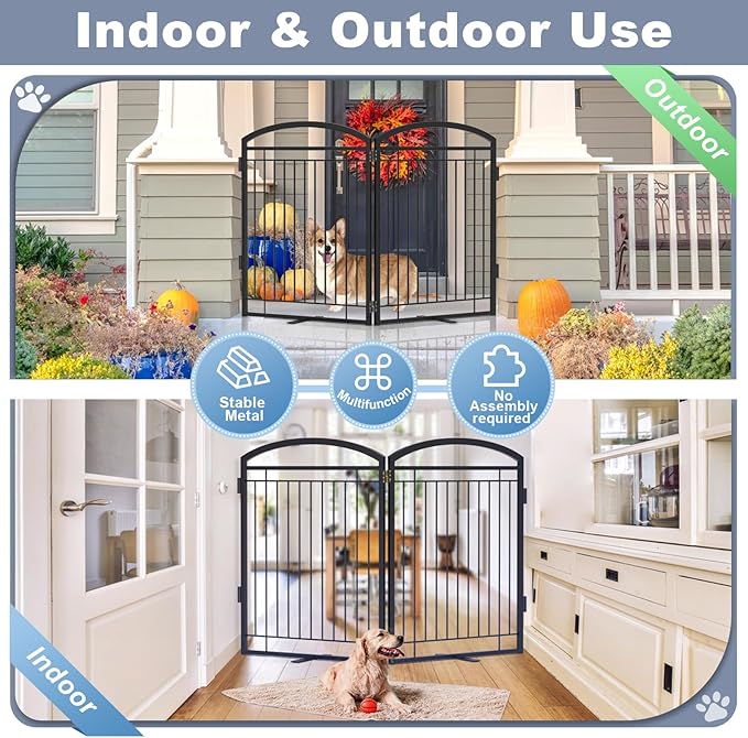 Full Metal Free Standing Dog Gate with Door for Indoor Outdoor, 48'' Extra Wide 32'' Tall Dog Gate for Doorways,Large Openings,Decks,Pet Puppy Freestanding Safety Fence(2 Panels,Black)