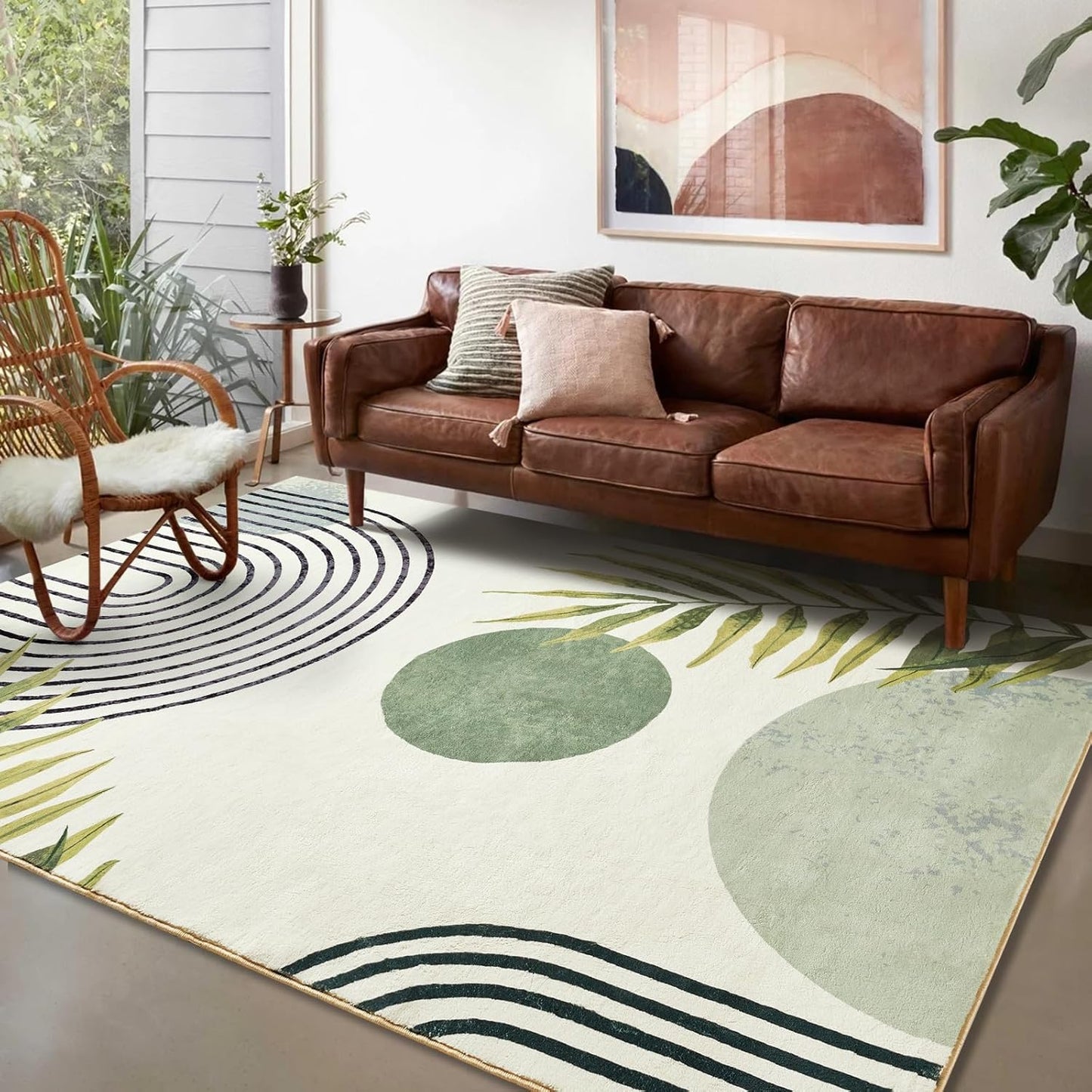 RoomTalks Mid Century Modern Washable Rug, Green Boho Cute Aesthetic 5x7 Area Rugs for Bedroom Dining Room Living Room Office, Abstract Tropical Leaves Thin Shaggy Indoor Entryway Rug Carpet