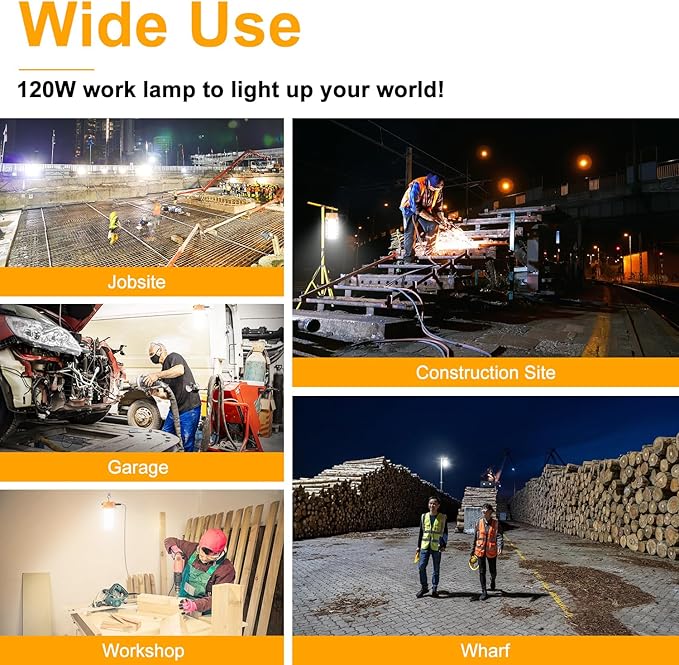120W LED Temporary Work Light 18000LM Construction Lights 5000K Led Work Light IP67 Dust Waterproof Portable Lights with Stainless Steel Guard Hook for Factory Mine Wharf Job Site Garage Temp Lighting